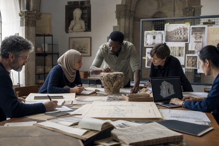 Equipe multidisciplinar trabalhando com documentação, patrimônio cultural e um modelo 3D