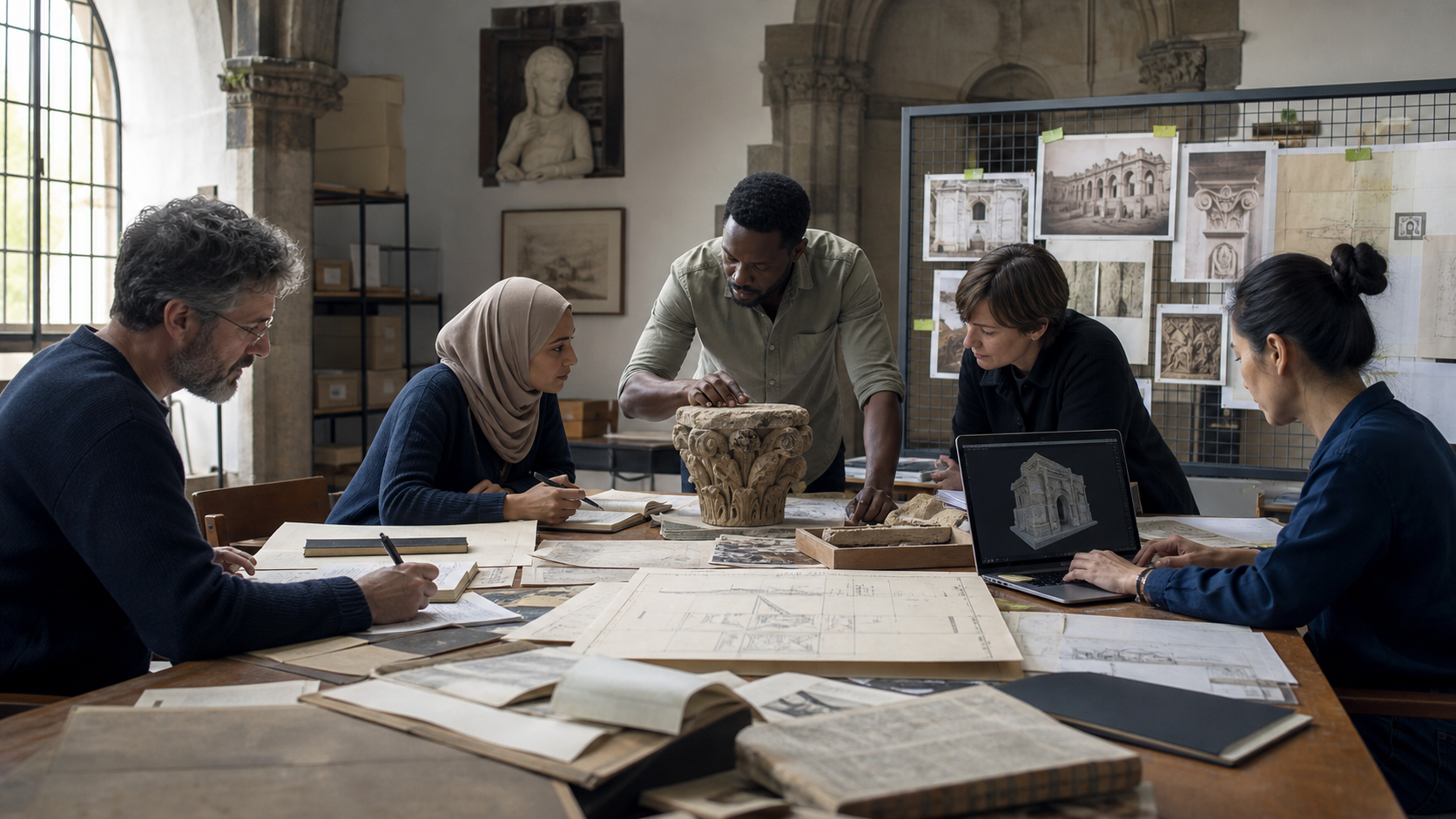 Equipe multidisciplinar trabalhando com documentação, patrimônio cultural e um modelo 3D
